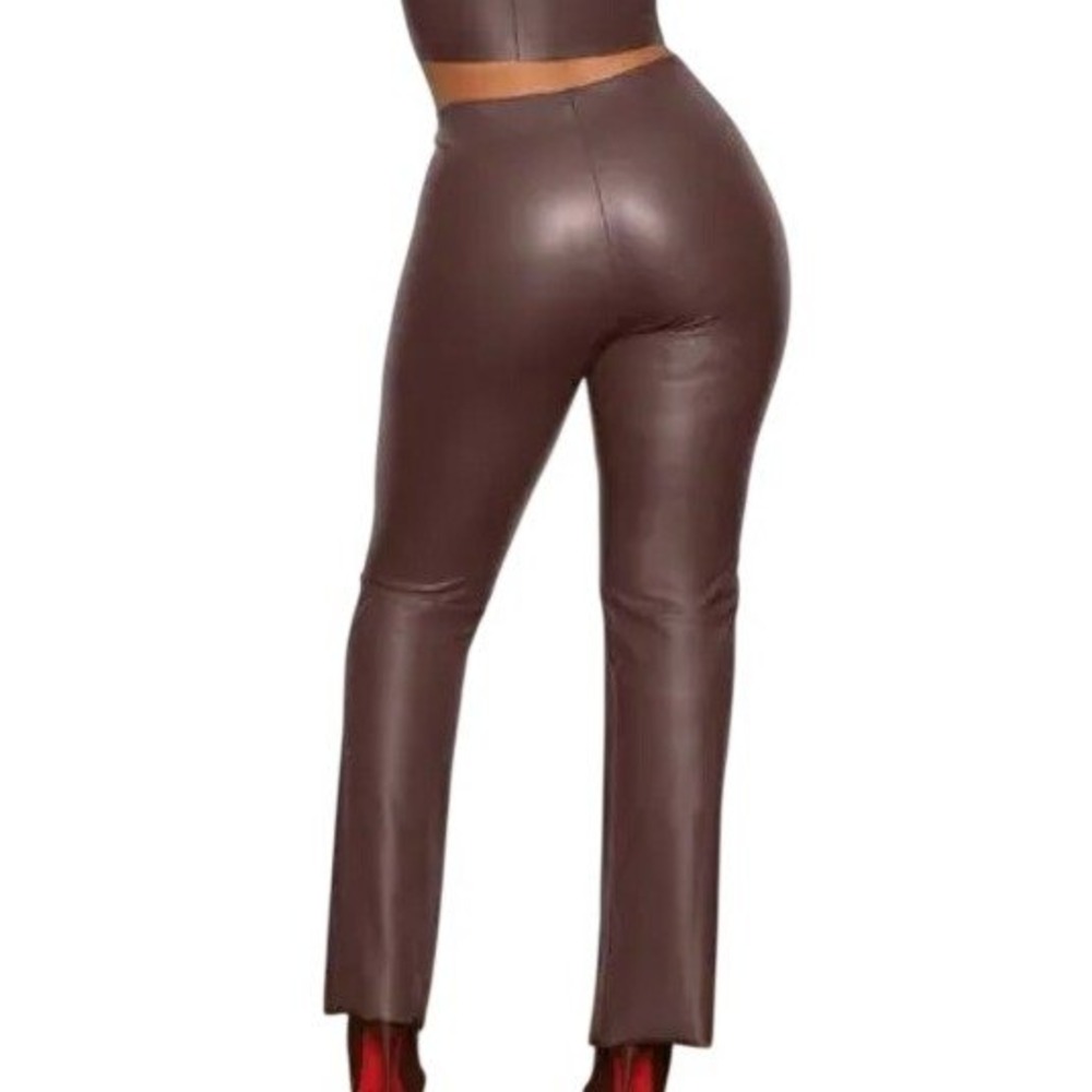 NEW SKIMS 4X Faux Leather Straight Leg Pants Brown Cocoa Vegan Pull On Consign